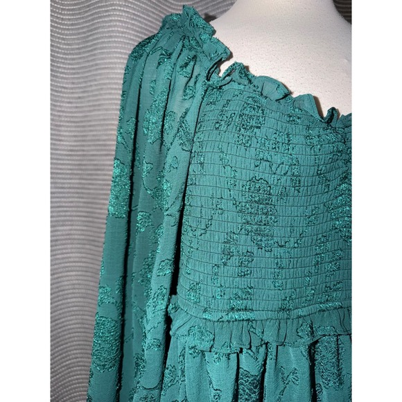 Arula Ellenie-P Green Floral Burnout Smocked Tiered Mini Dress Womens A 1X 14 G2 - Picture 4 of 9